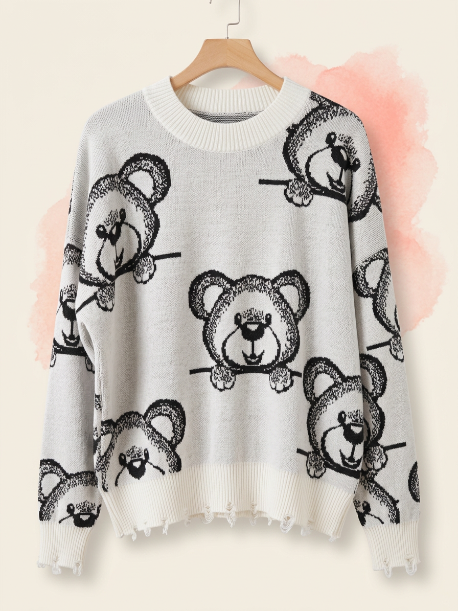 Suéter Blanco con Estampado de Osos Negros