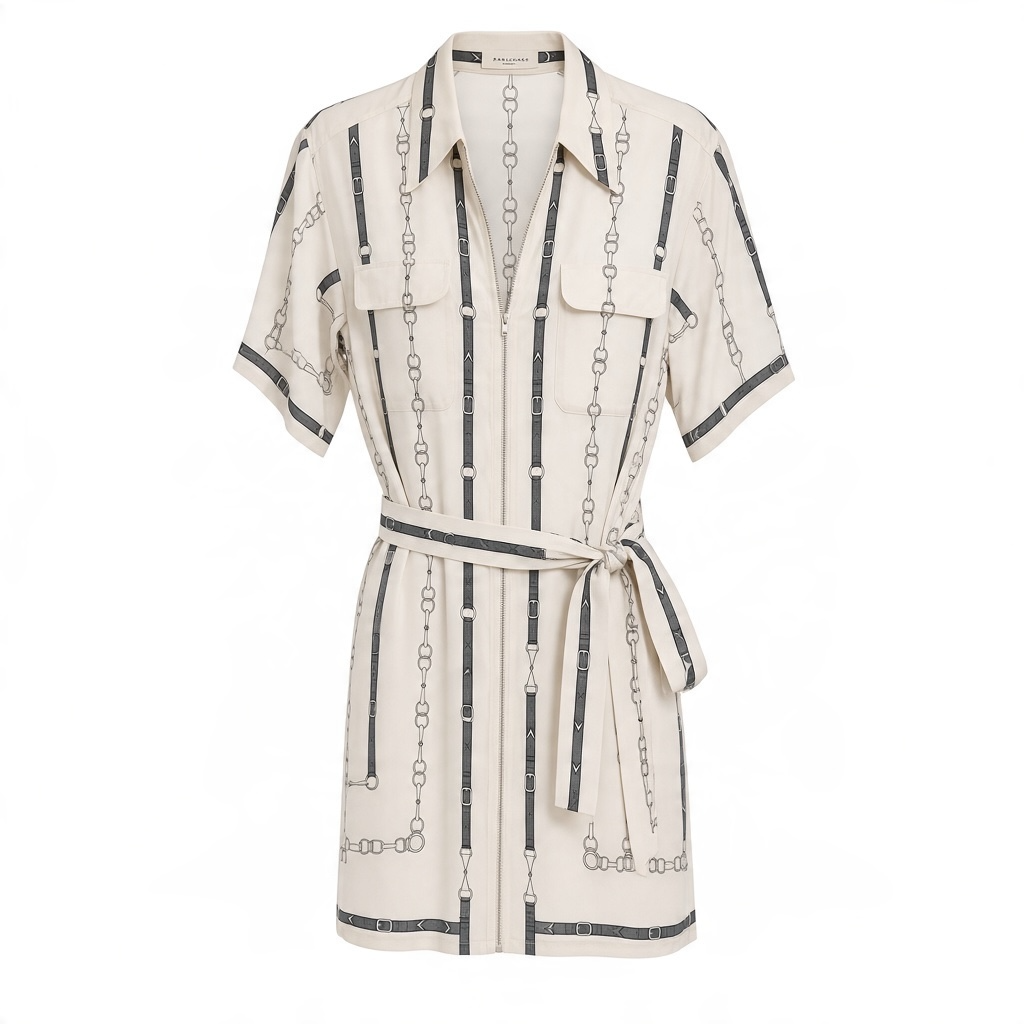 Equipment White w/Green Belt Print Silk Dress