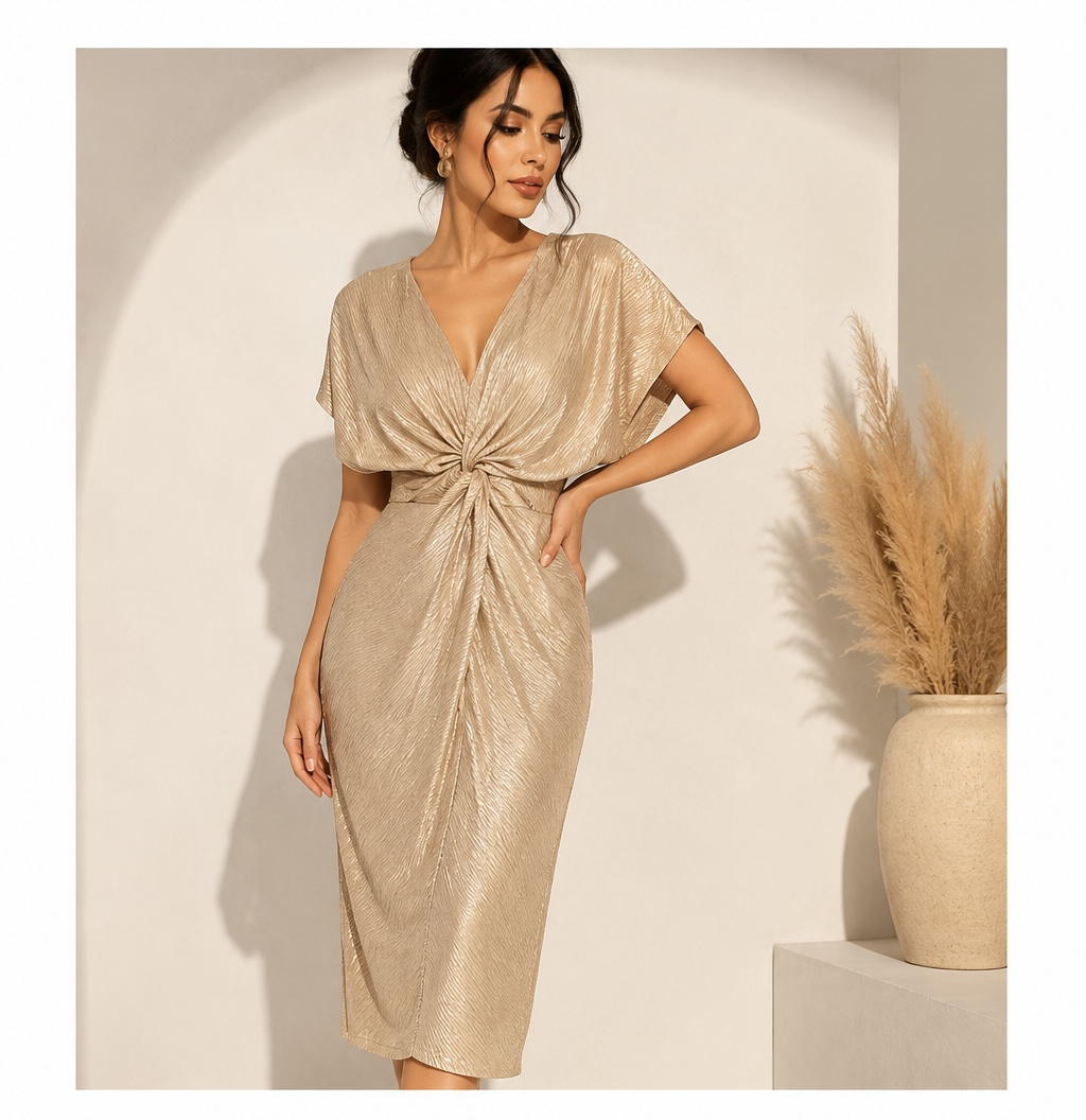 Vestido elegante satinado color champaña – Corte midi