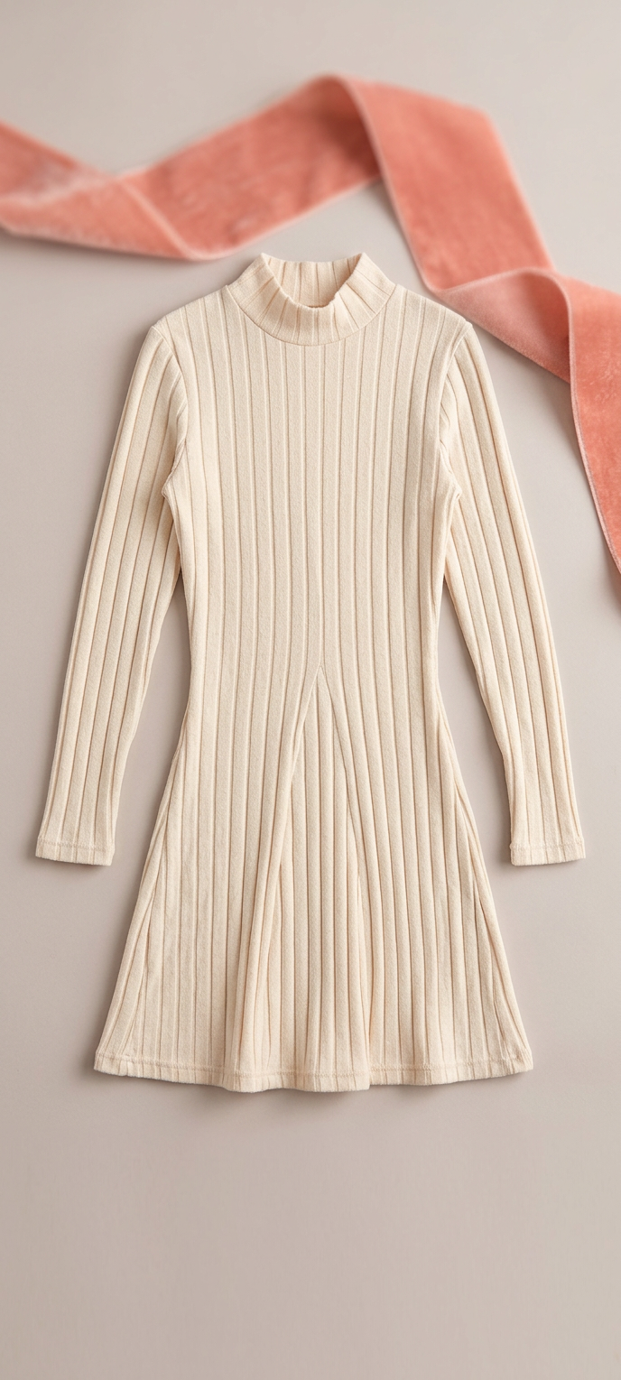 Vestido Blanco de Manga Larga con Cuello Alto y Acanalado