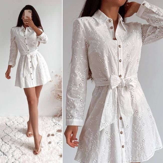 Vestido Mini Camisero Blanco Bordado