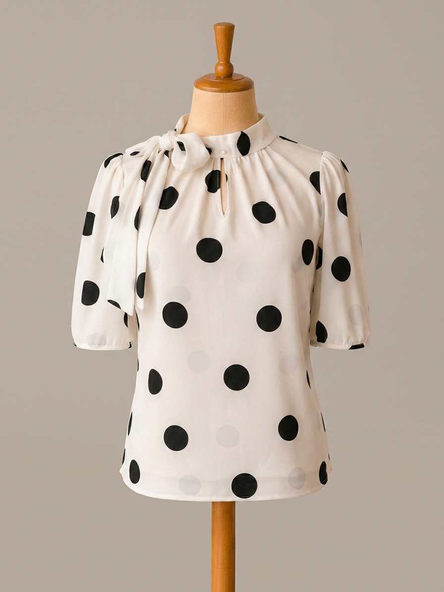 Blusa blanca con lunares negros y lazada en el cuello