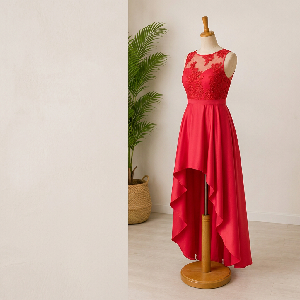 Vestido rojo de fiesta con detalles de encaje y corte asimétrico